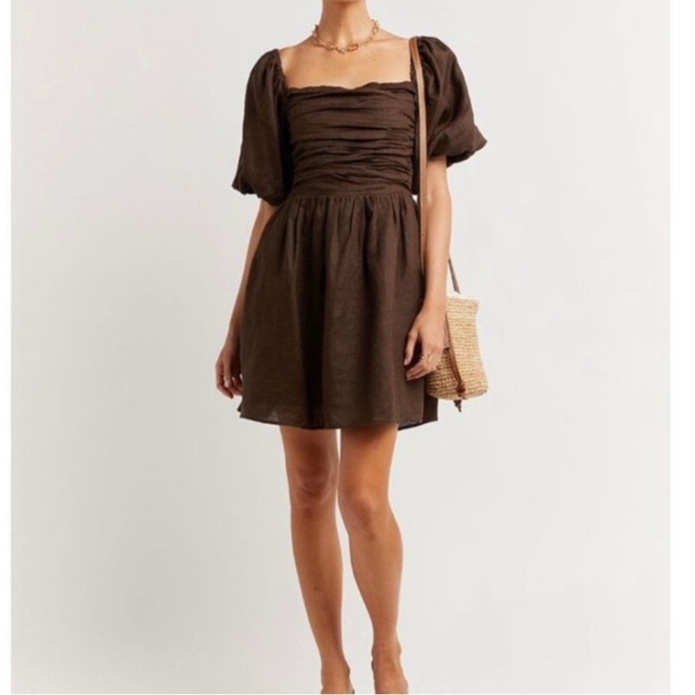 DISSH Chocolate Brown Puff Sleeve Mini Dress